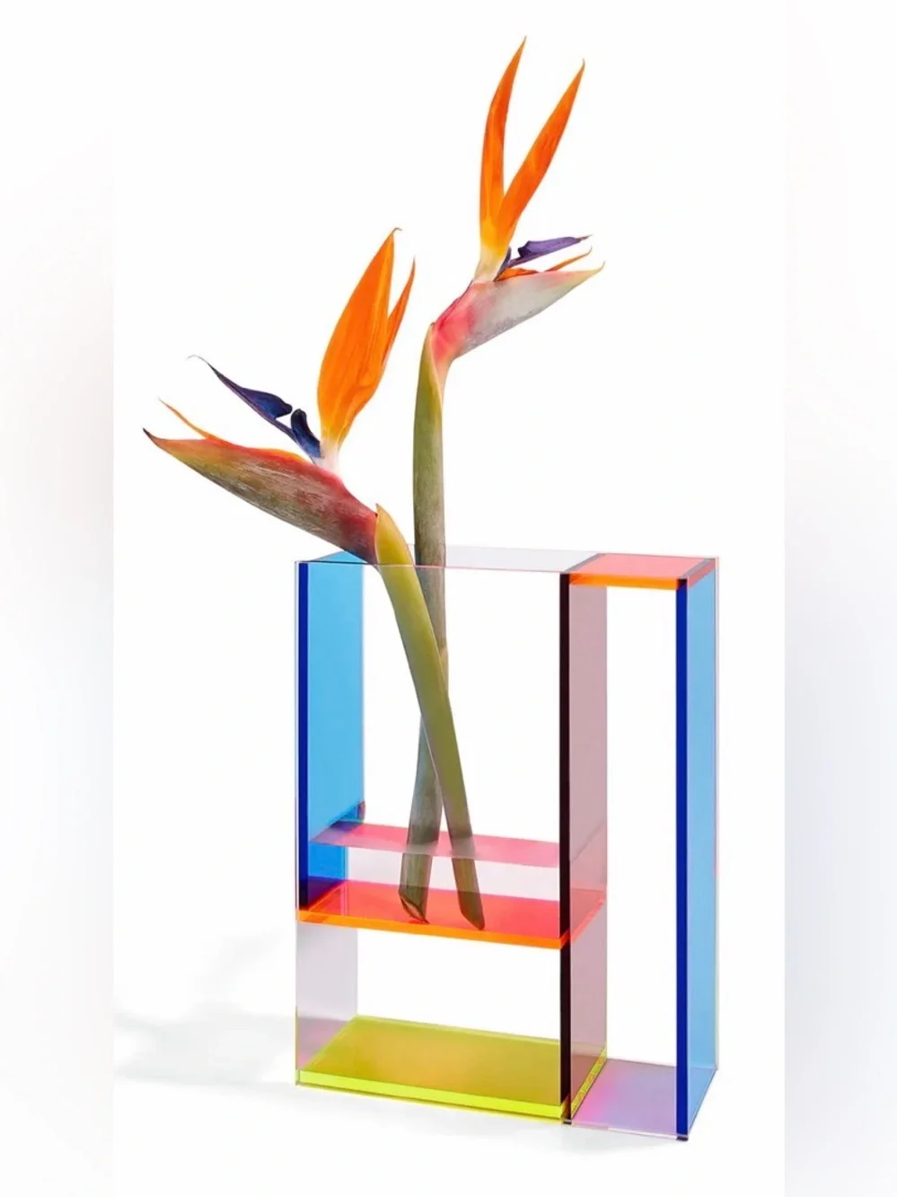 MoMa Acrylic Vase with Neon Blue, Orange, Yellow, and Clear Panels